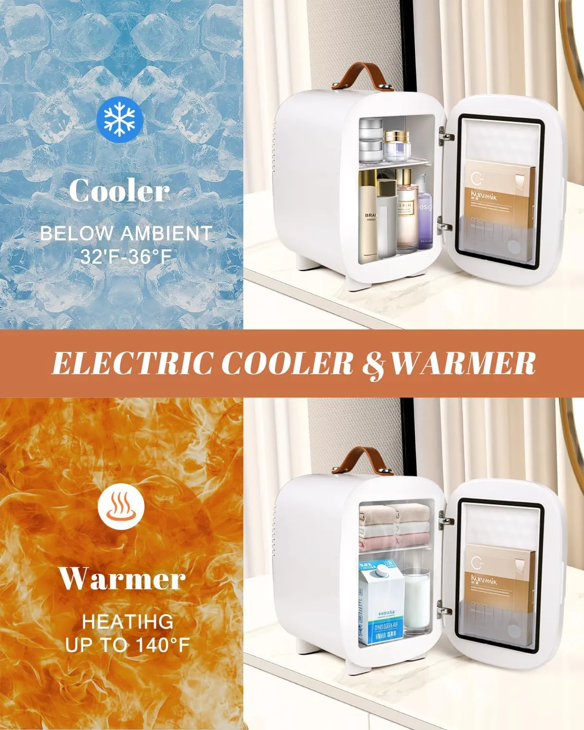 Mini Fridge for Bedroom, 4 Liter/6 Can Skincare Fridge With LED Mirror,12v AC/DC Cooler & Warmer Portable Small Refrigerator for Drinks, Makeup, Dorm, Office and Car(White)
