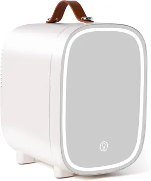 Mini Fridge for Bedroom, 4 Liter/6 Can Skincare Fridge With LED Mirror,12v AC/DC Cooler & Warmer Portable Small Refrigerator for Drinks, Makeup, Dorm, Office and Car(White)