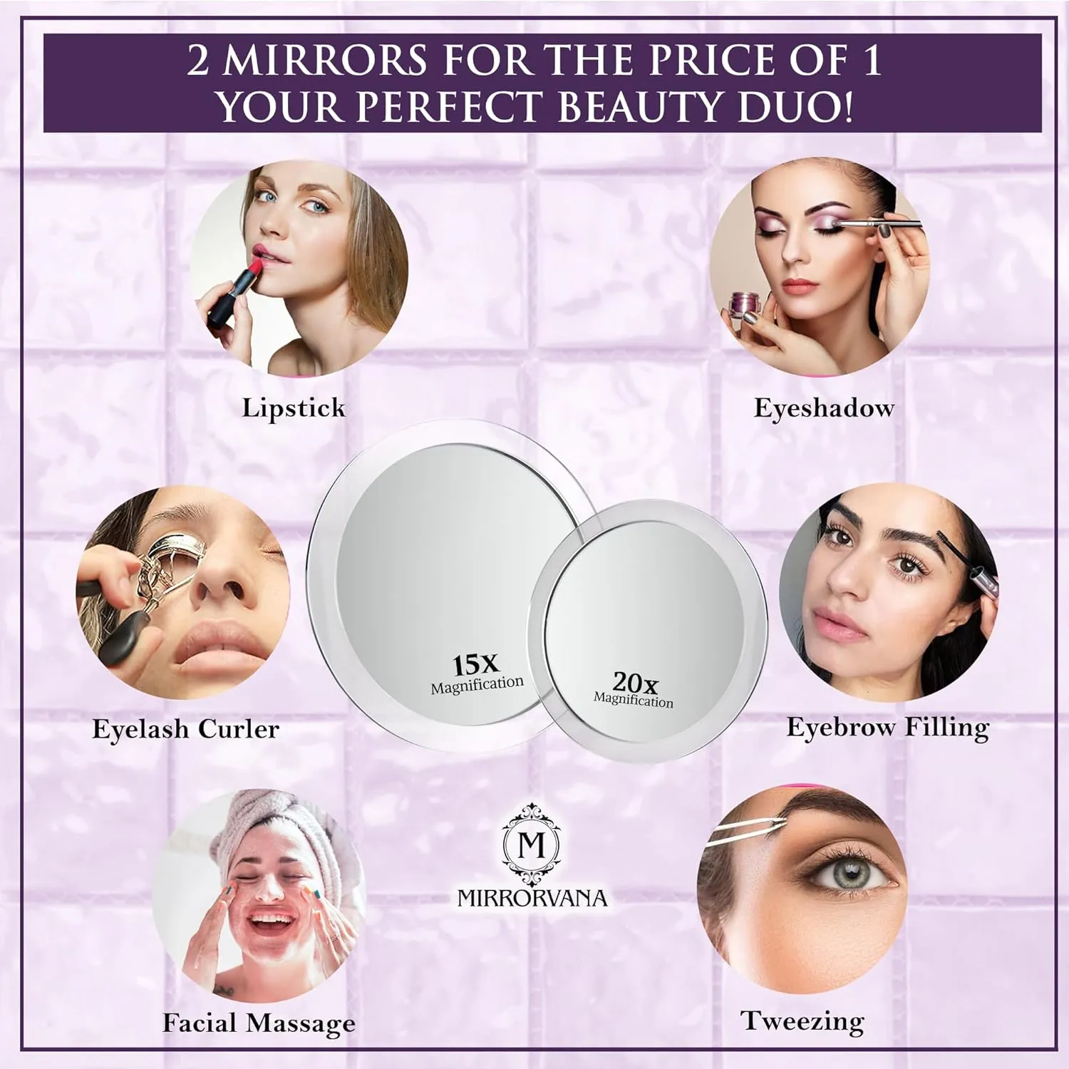 MIRRORVANA 20X & 15X Magnifying Mirror Set with 3 Suction Cups Each - Compact & Travel Ready Mirror for Makeup - Sizes: 6" and 4" Wide