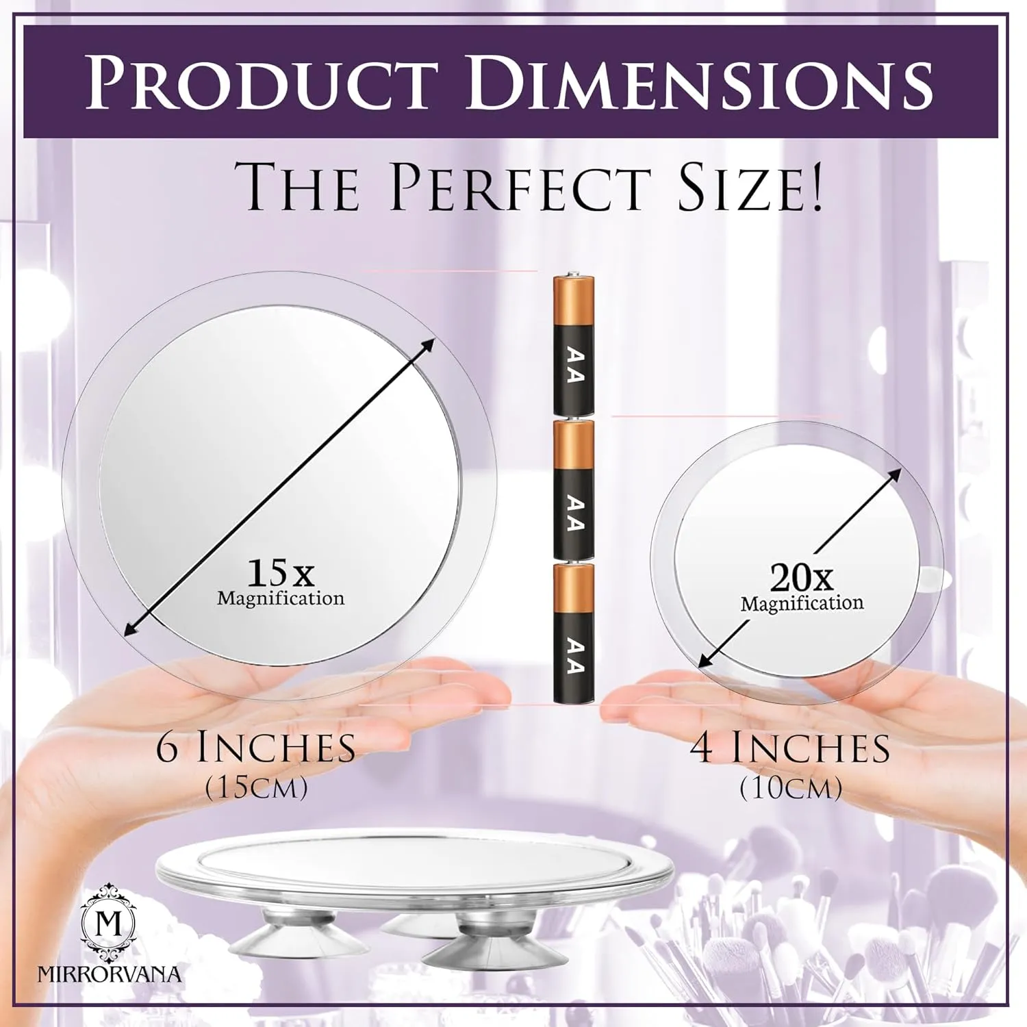 MIRRORVANA 20X & 15X Magnifying Mirror Set with 3 Suction Cups Each - Compact & Travel Ready Mirror for Makeup - Sizes: 6" and 4" Wide