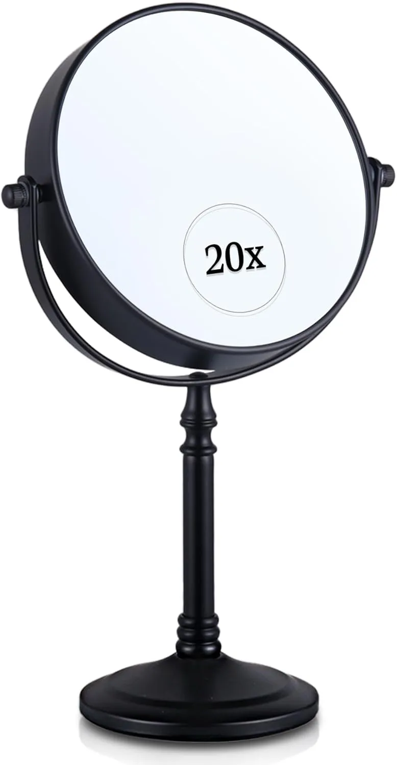 MIRRORVANA 20X Magnified Makeup Mirror with Stand - Double Sided 20x and 1x Cosmetic Mirror for Make Up Desk, Dressing Table, Bathroom Countertop - 6" Wide & 12" Tall (Black)