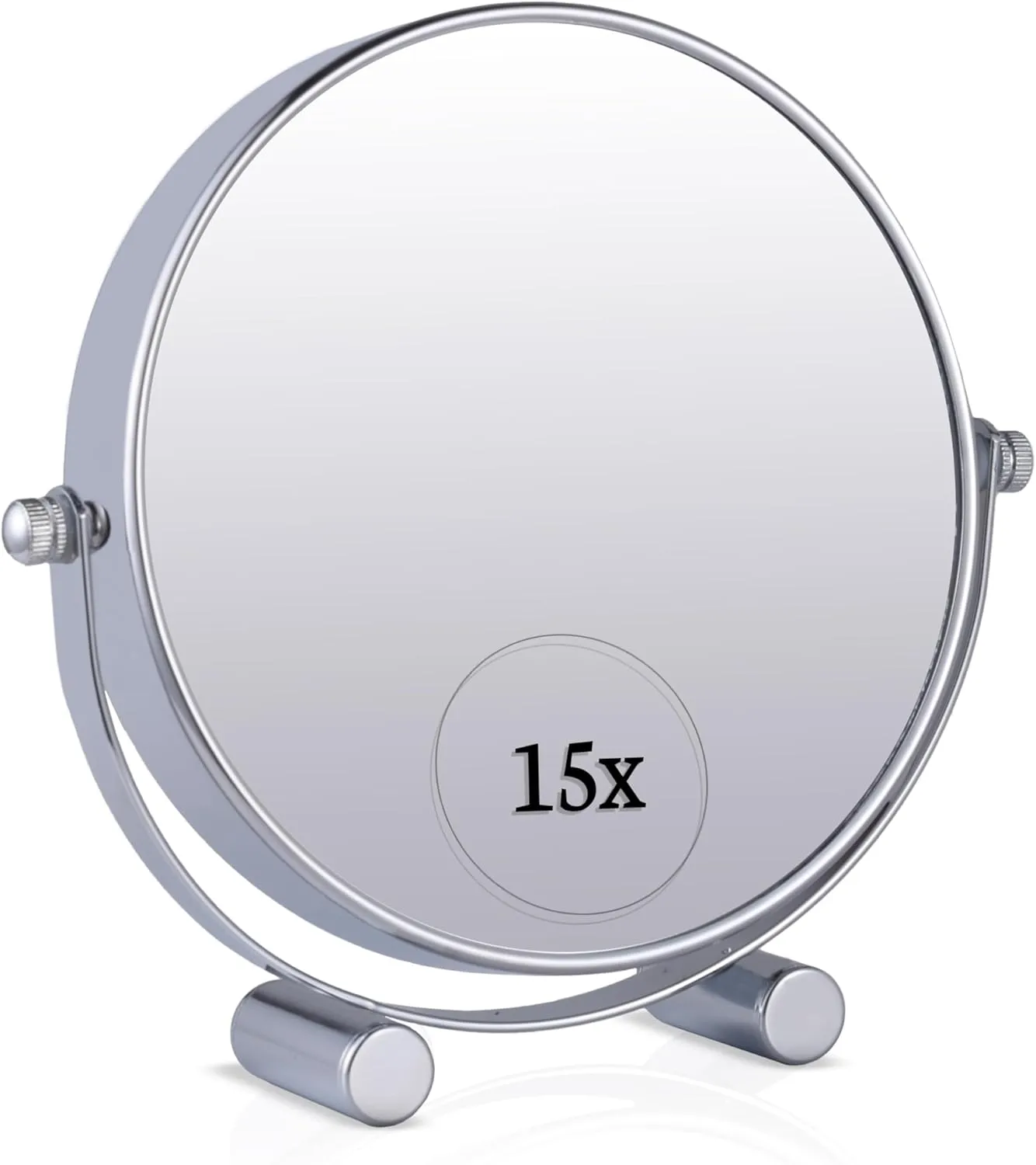 MIRRORVANA Small 15X Magnifying Tabletop Mirror for Makeup - Double Sided 15x and 1x Portable Make Up Mirror for Desk, Dressing Table and Retail Store - 6" Wide & 6.7" Tall (Chrome)
