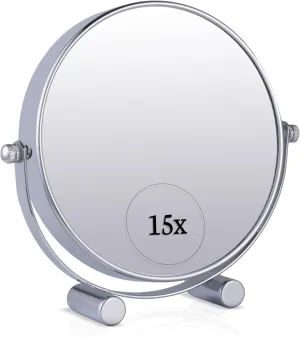 MIRRORVANA Small 15X Magnifying Tabletop Mirror for Makeup - Double Sided 15x and 1x Portable Make Up Mirror for Desk, Dressing Table and Retail Store - 6" Wide & 6.7" Tall (Chrome)