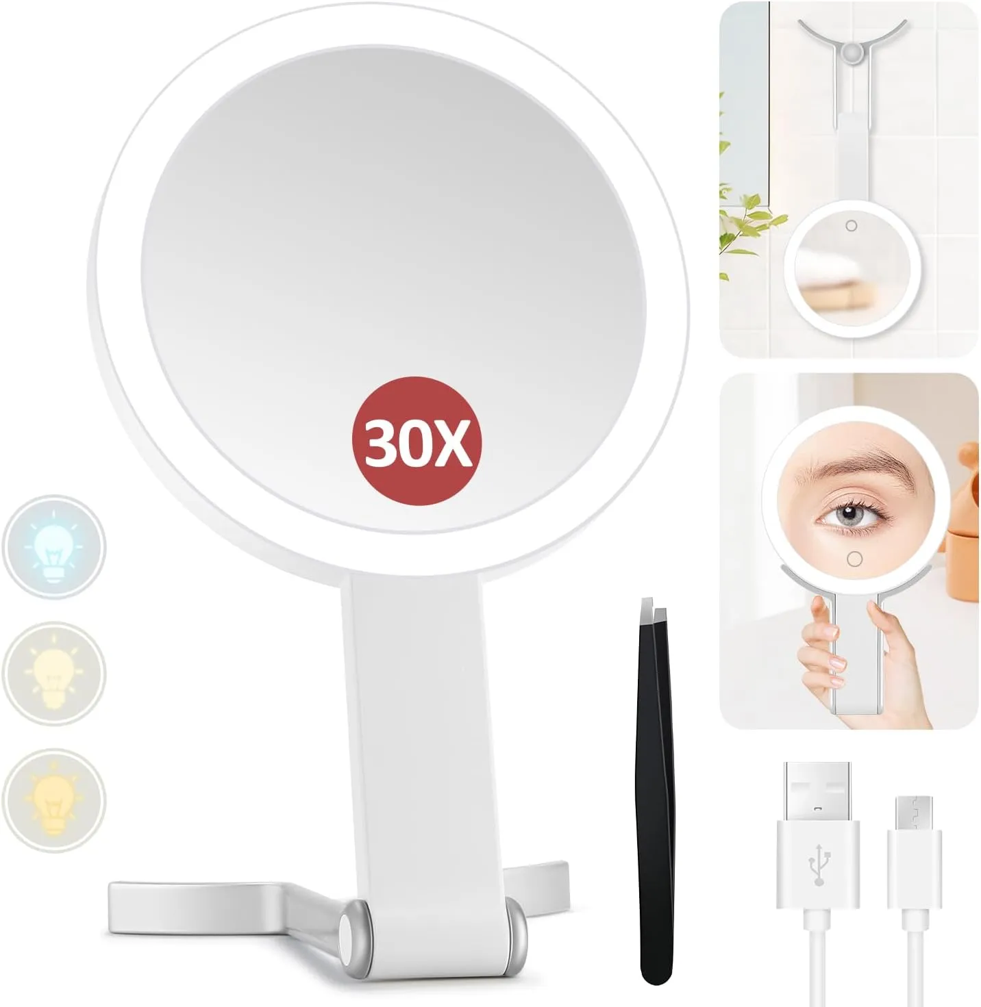 MIYADIVA Lighted Makeup Mirror, 30X Magnifying Mirror with Light and Adjustable Brightness, Hanging and Handheld Mirror with Handle, Portable Travel Makeup Mirror with Lights, Vanity Mirrors for Women
