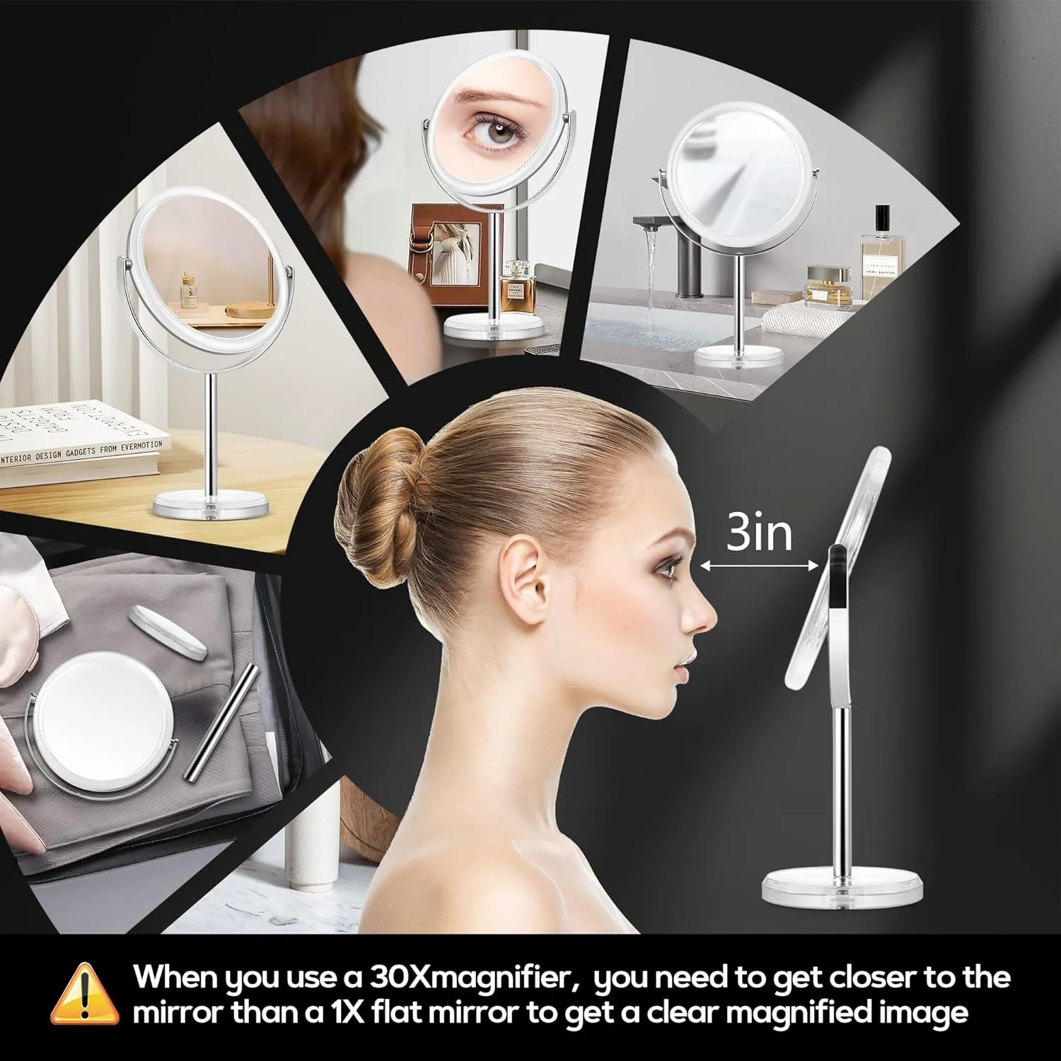 MIYADIVA Makeup Mirror, 30X Magnifying Mirror for Desk, Double-Sided Vanity Mirror with Stand, Travel Makeup Mirror 8 in