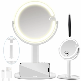 MIYADIVA Lighted Makeup Mirror, 20X Magnifying Mirror with Light and Adjustable Brightness, Vanity Mirror with 3 Color Light, 2-Sided for Desk, Detachable Travel Makeup 8IN