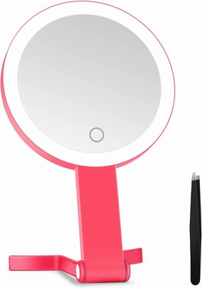 MIYADIVA Lighted Makeup Mirror, 30X Magnifying Mirror with Light, Hanging and Handheld Mirror with Handle, Red