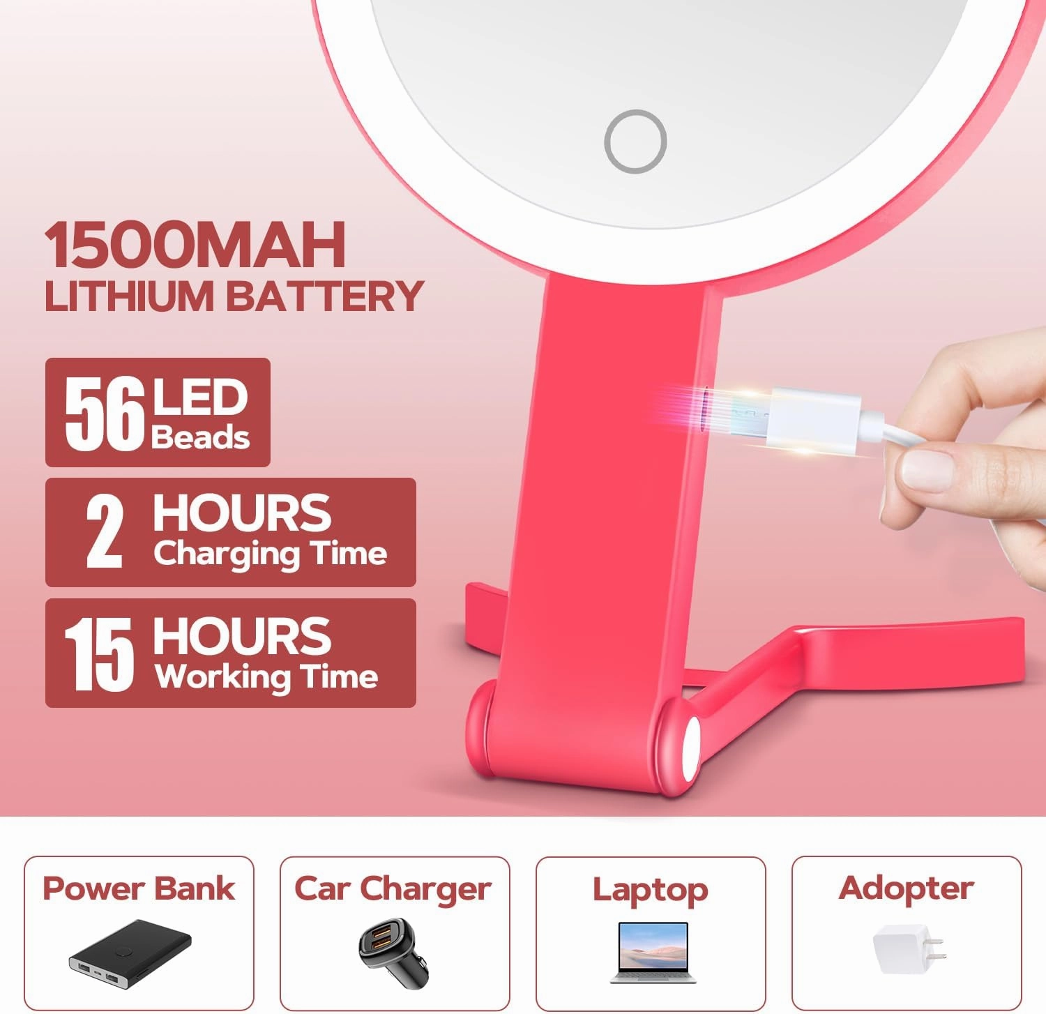 MIYADIVA Lighted Makeup Mirror, 30X Magnifying Mirror with Light, Hanging and Handheld Mirror with Handle, Red