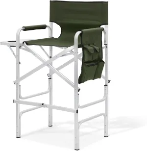 MoNiBloom 31-Inch Foldable Tall Director Chair Folding Portable Aluminum Frame Makeup Artist Chair, with Side Table, Cup Holder and Pockets, 250lbs Capacity (Dark Green)