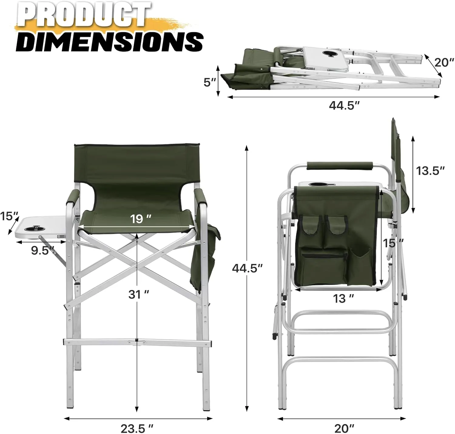 MoNiBloom 31-Inch Foldable Tall Director Chair Folding Portable Aluminum Frame Makeup Artist Chair, with Side Table, Cup Holder and Pockets, 250lbs Capacity (Dark Green)