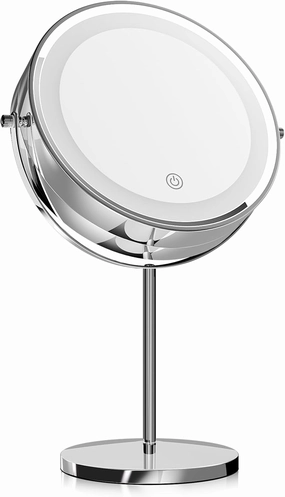 MoNiBloom 8-Inch Double Sided Lighted Magnifying Makeup Mirror Battery Operated Tabletop Mirror with Light and Magnification 1x 10x Cosmetic Mirror with Stand for Desk (Silver)