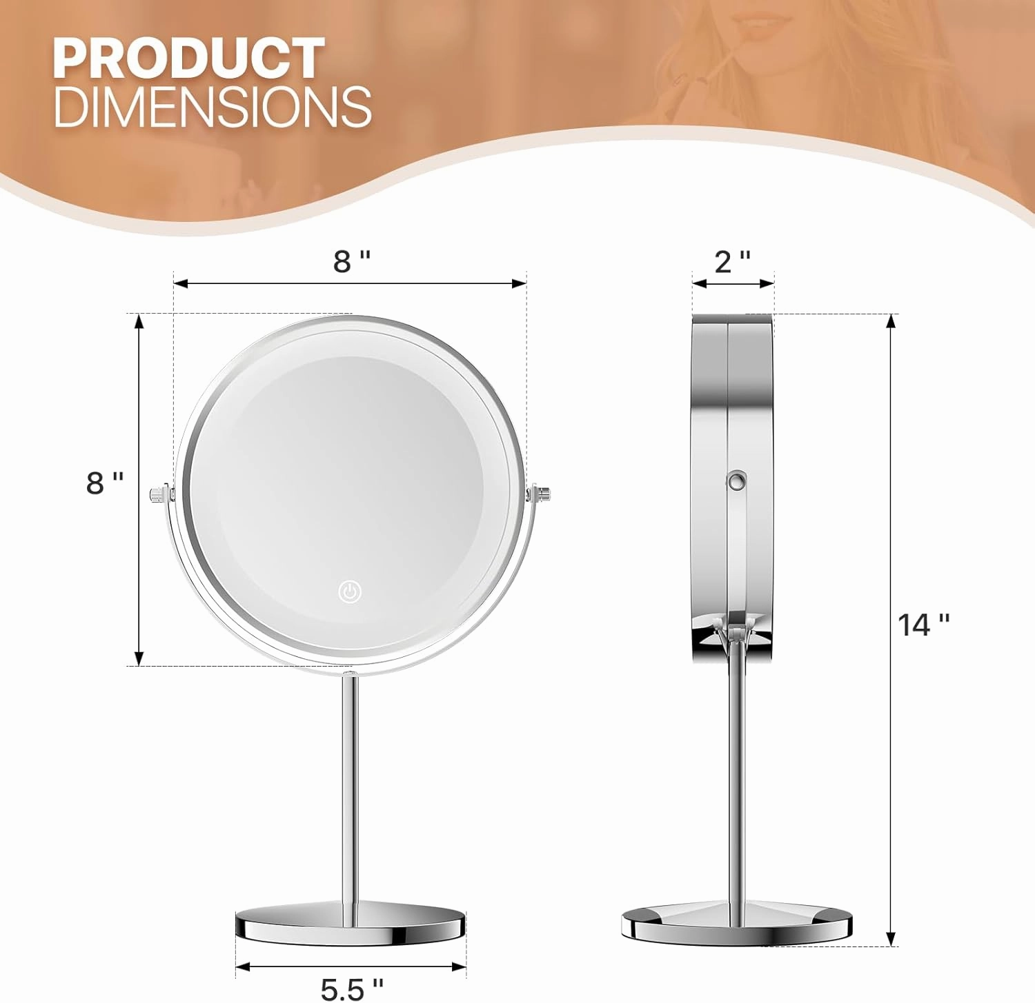 MoNiBloom 8-Inch Double Sided Lighted Magnifying Makeup Mirror Battery Operated Tabletop Mirror with Light and Magnification 1x 10x Cosmetic Mirror with Stand for Desk (Silver)