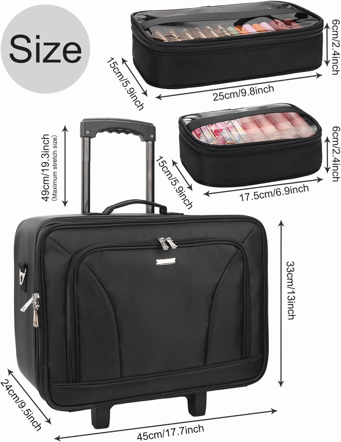 MONSTINA Rolling Makeup Train Case,Trolley Cosmetic Case,3-Layer Cosmetic Organizer,Extra Large Makeup Travel Bag for Hairstylist, Trolley Travel Hairdressing Case with Adjustable Divider(Black)