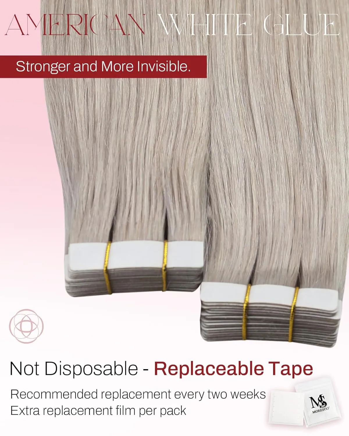 Moresoo Tape Hair Extensions Human Hair 20 Inch Blonde Tape in Extensions Real Human White Blond Hair Extensions Glue in 20 Pieces/50g #60A