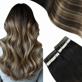 Moresoo Ombre Tape in Extensions Real Human Hair Balayage Off Black to Brown Mix with Blonde Tape in Hair Extensions Human Hair Seamless Hair Extensions Glue in Human Hair 20 Inch #1B/3/27 20pcs 50g