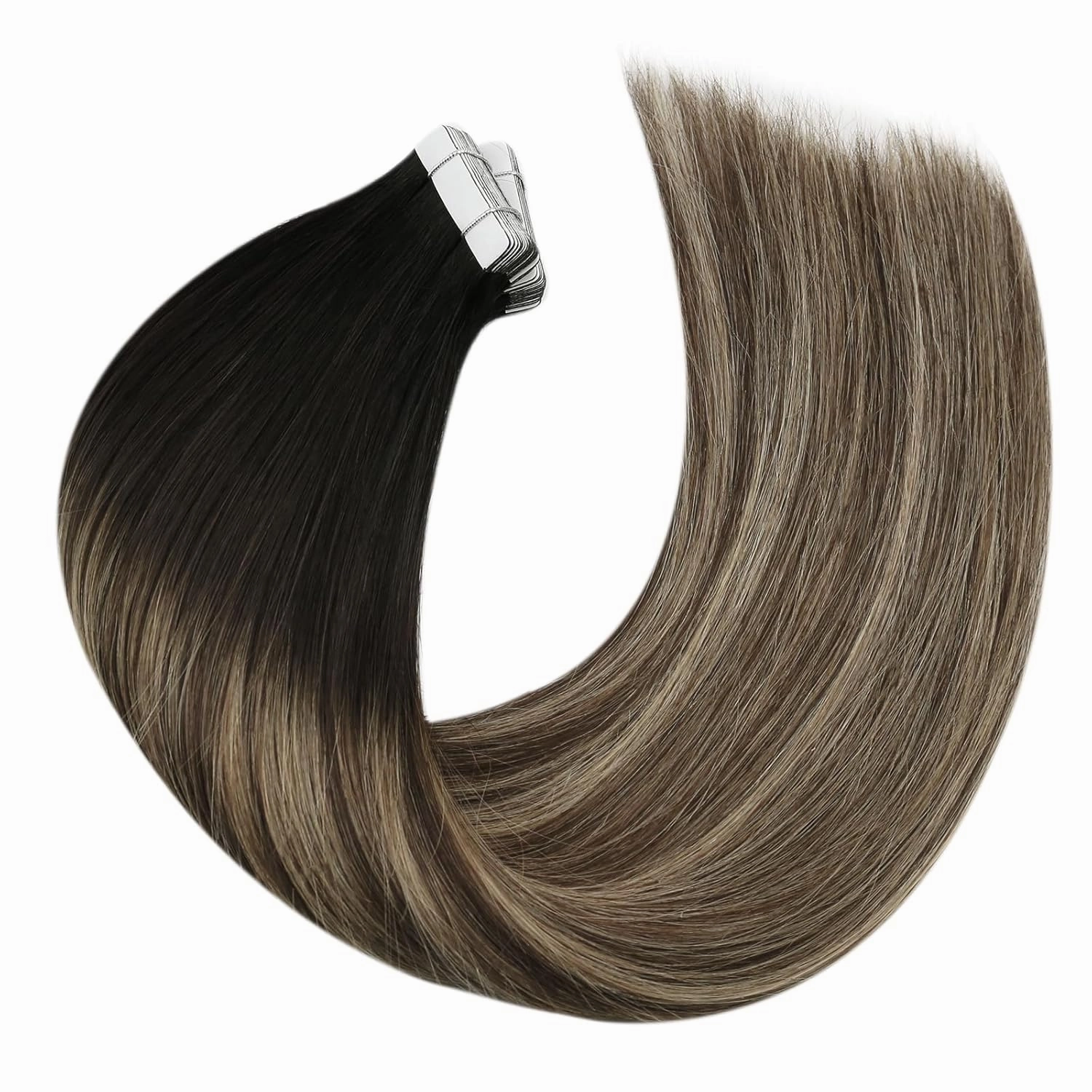 Moresoo Ombre Tape in Extensions Real Human Hair Balayage Off Black to Brown Mix with Blonde Tape in Hair Extensions Human Hair Seamless Hair Extensions Glue in Human Hair 20 Inch #1B/3/27 20pcs 50g
