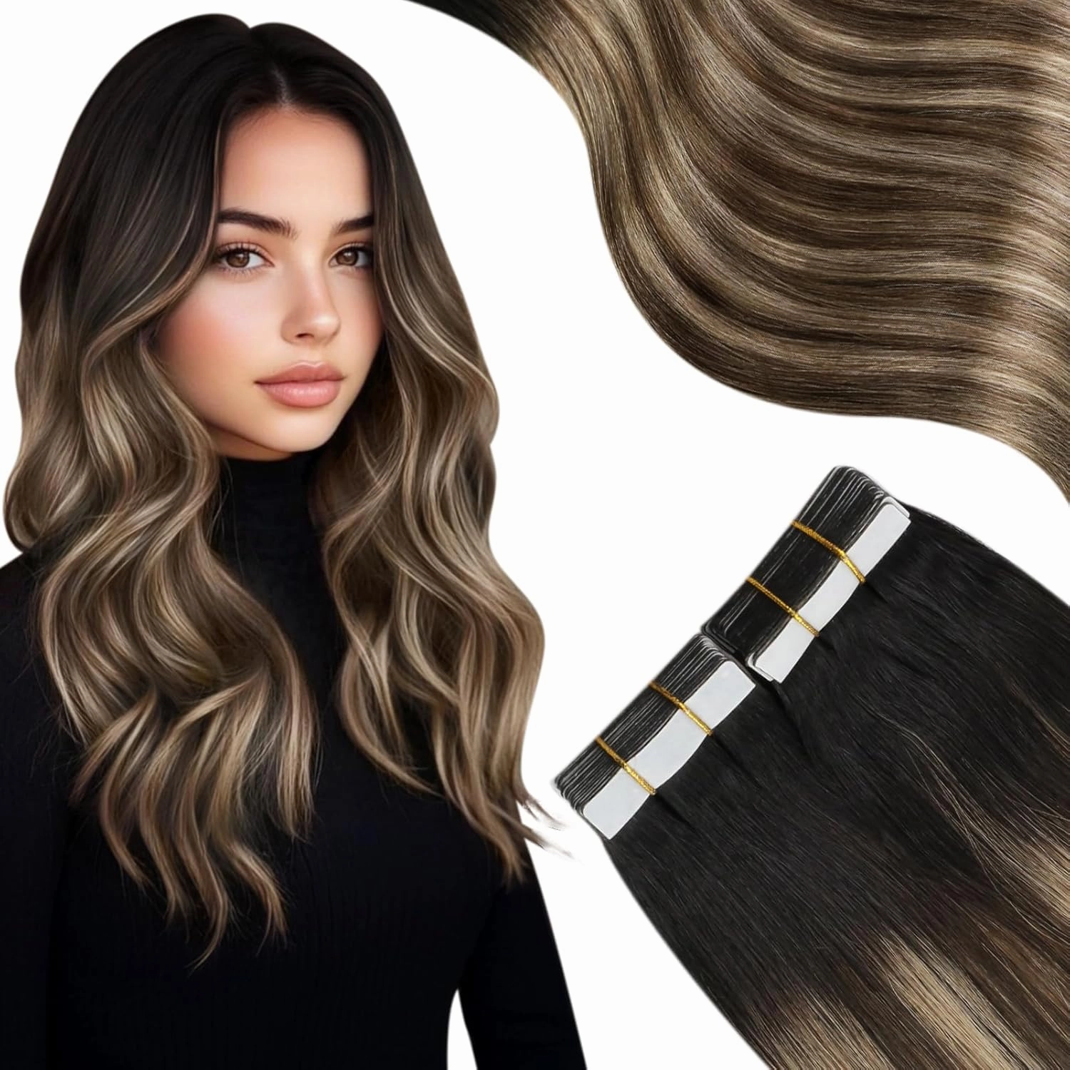 Moresoo Tape in Hair Extensions Human Hair Balayage Real Hair Tape Hair Extensions Black to Dark Brown with Golden Brown Human Hair Glue in Fashion Seamless 18 Inch 20Pcs/50g #1B/4/14