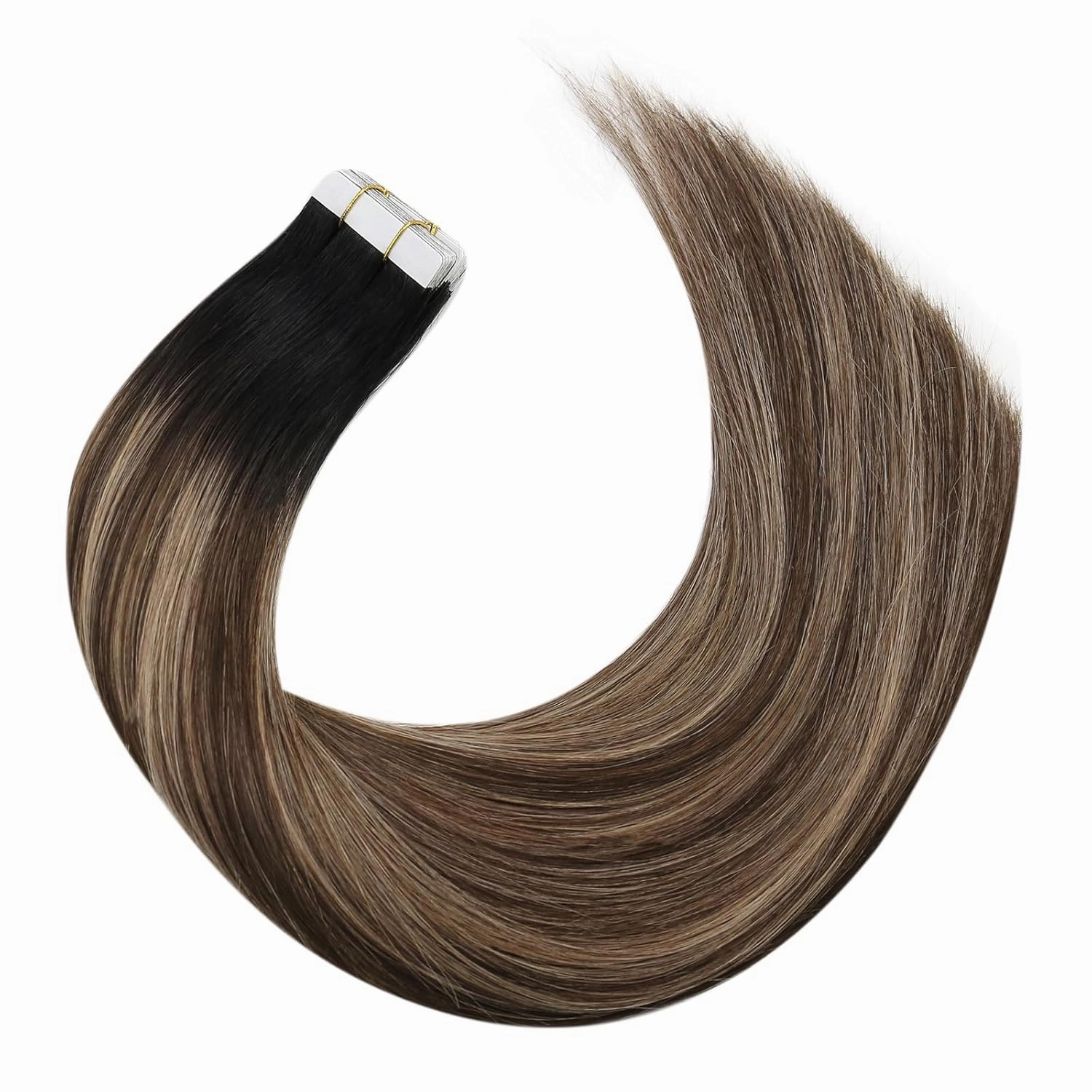 Moresoo Tape in Hair Extensions Human Hair Balayage Real Hair Tape Hair Extensions Black to Dark Brown with Golden Brown Human Hair Glue in Fashion Seamless 18 Inch 20Pcs/50g #1B/4/14