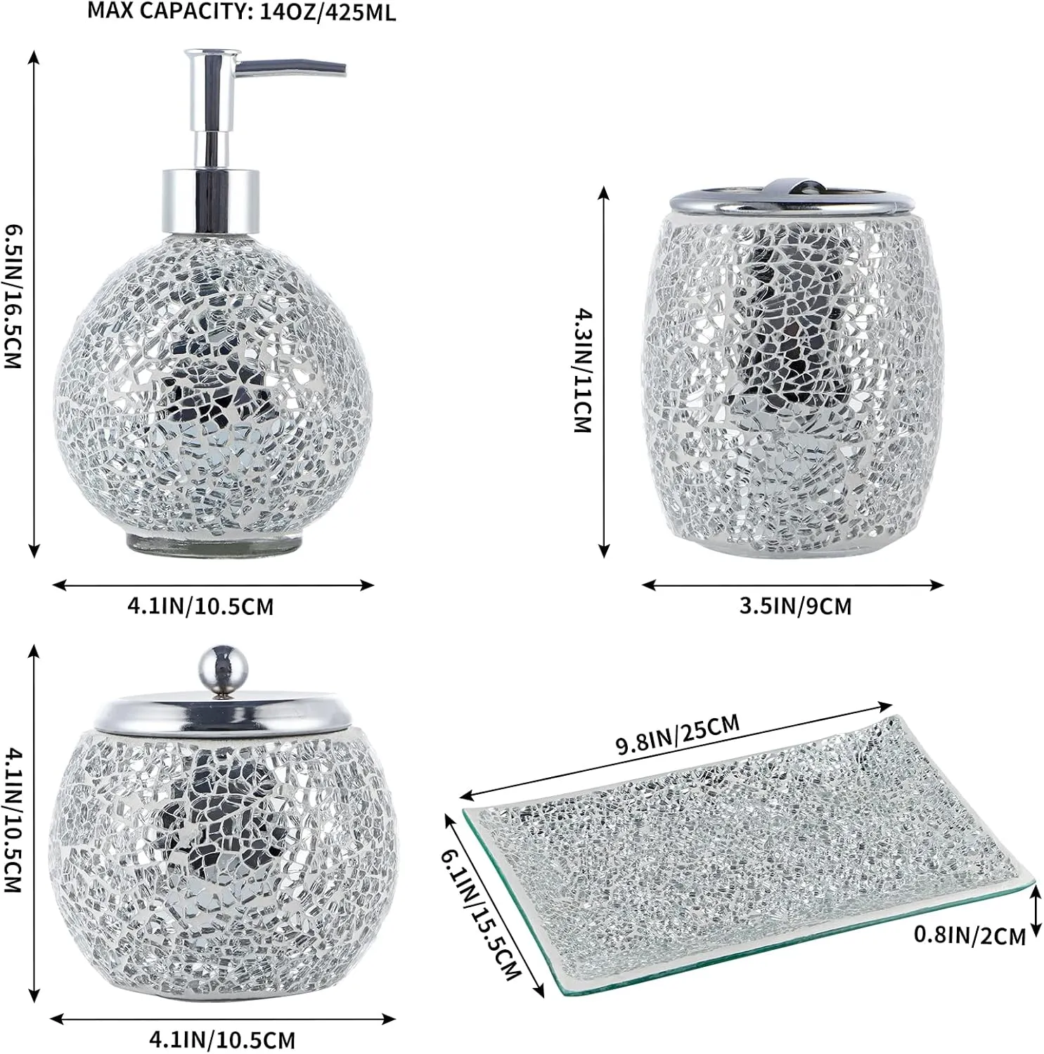 Mosaic Glass Bathroom Accessories Set, Modern Luxury Bath Ensemble, Includes Soap Dispenser & Cotton Swab Jar & Toothbrush Holder & Vanity Tray (Shiny Silver)