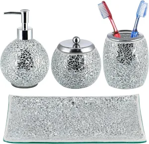 Mosaic Glass Bathroom Accessories Set, Modern Luxury Bath Ensemble, Includes Soap Dispenser & Cotton Swab Jar & Toothbrush Holder & Vanity Tray (Shiny Silver)