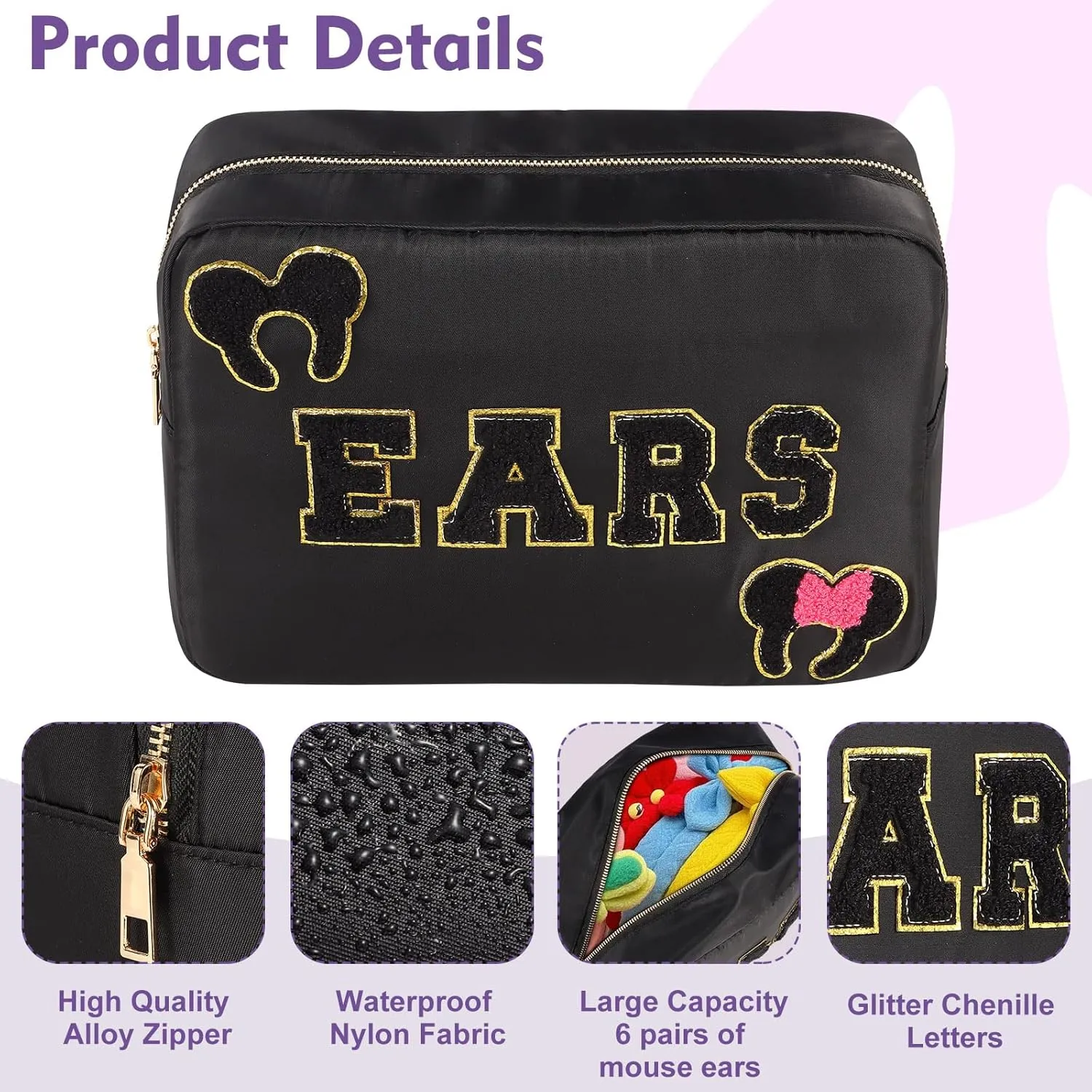 Mouse Ears Bag Travel Case Hair Accessories Organizer Bow Mouse Ears Headbands Holder Storage Nylon Large Chenille Letter Makeup Bag Park Travel Essentials Gifts for Women