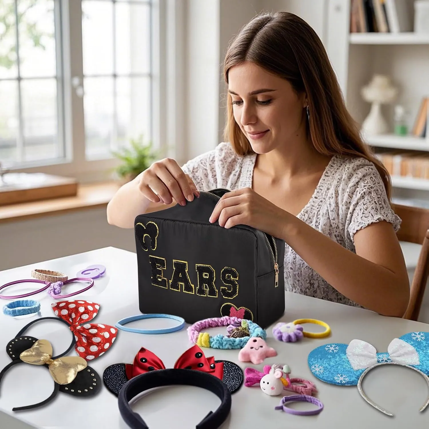 Mouse Ears Bag Travel Case Hair Accessories Organizer Bow Mouse Ears Headbands Holder Storage Nylon Large Chenille Letter Makeup Bag Park Travel Essentials Gifts for Women