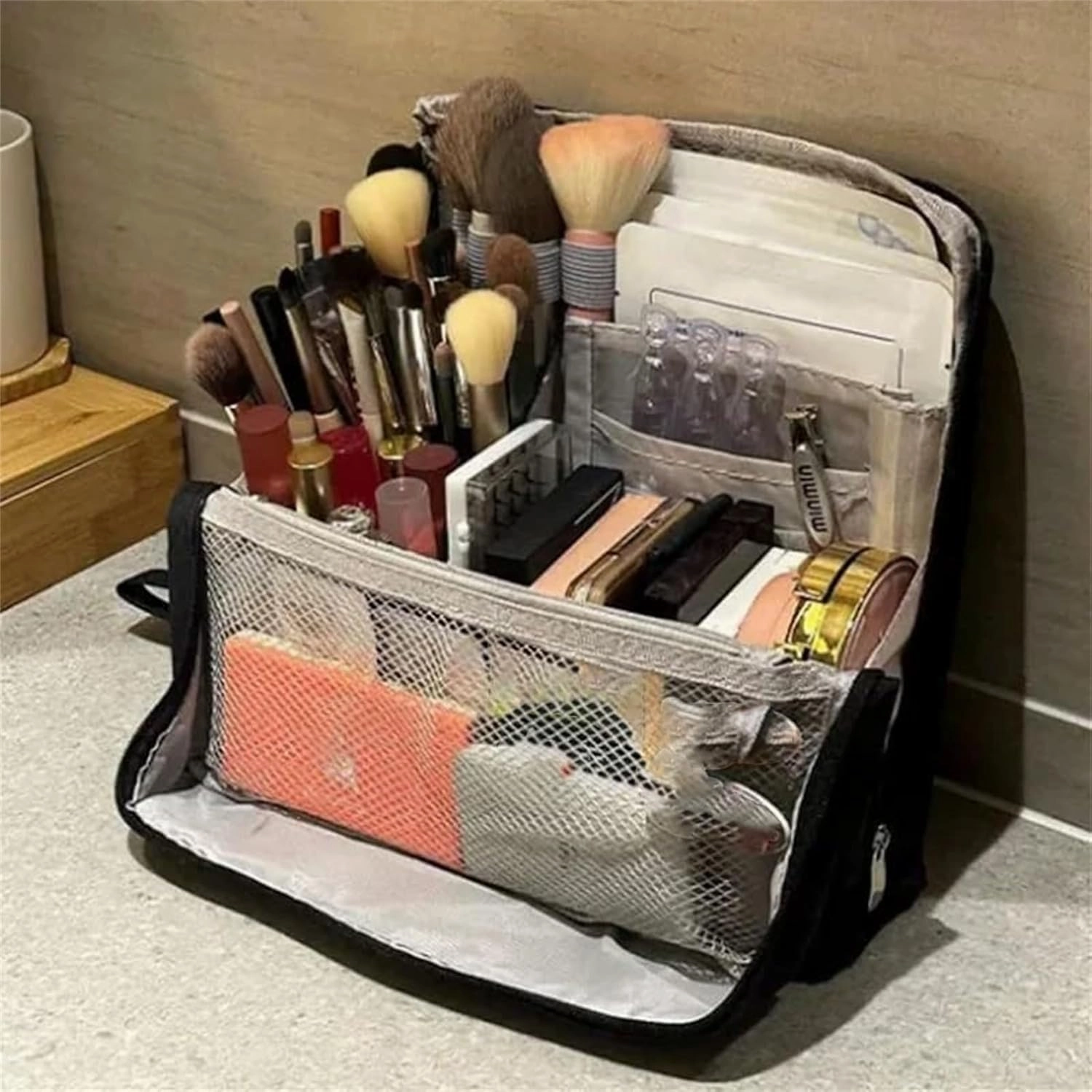 Multi-purpose Large Capacity Oxford Cloth Standing Makeup Bag, Travel Waterproof Makeup Organizer with Compartments, Portable Toiletry Bag for Women and Men (Beige)