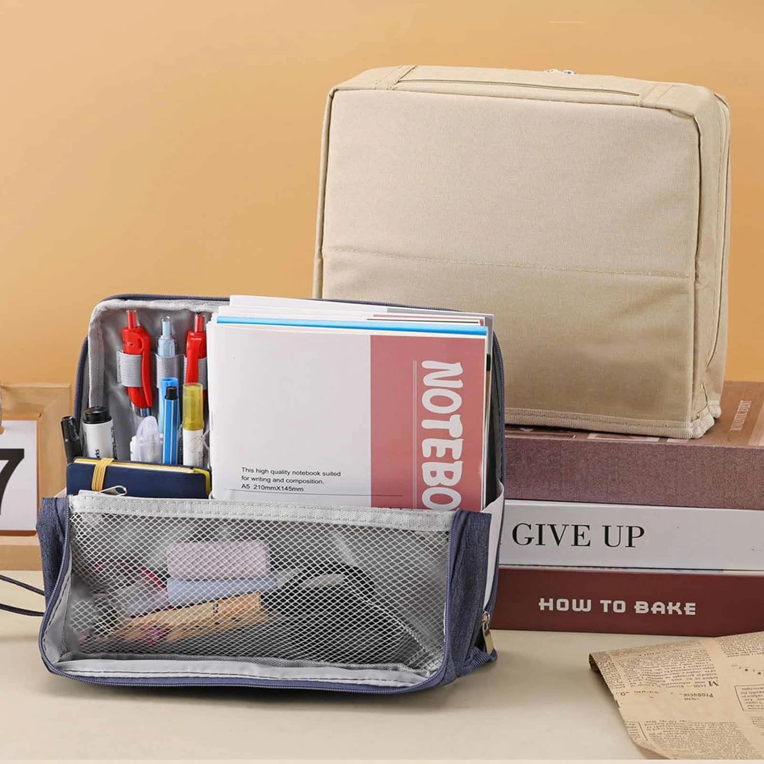 Multi-purpose Large Capacity Oxford Cloth Standing Makeup Bag, Travel Waterproof Makeup Organizer with Compartments, Portable Toiletry Bag for Women and Men (Beige)