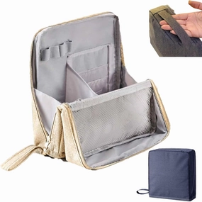 Multi-purpose Large Capacity Oxford Cloth Standing Makeup Bag, Travel Waterproof Makeup Organizer with Compartments, Portable Toiletry Bag for Women and Men (Beige)
