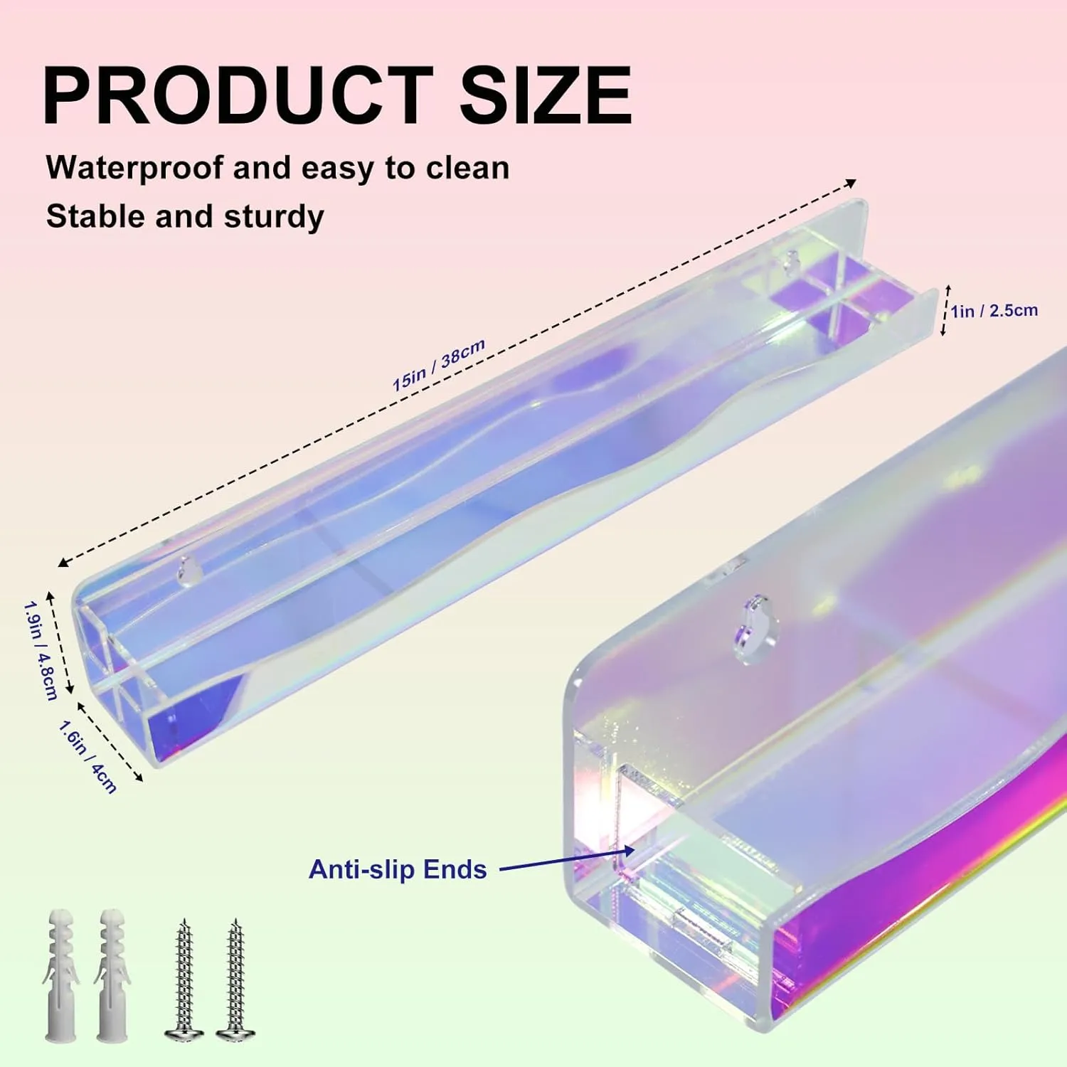 Nail Polish Wall Rack Iridescent Acrylic Floating Shelves 15 Inch 6 Pack Kids Bookshelf Tattoo Ink Essential Oils Figurine Display Shelf Spice Rack for Salons Retailers Home