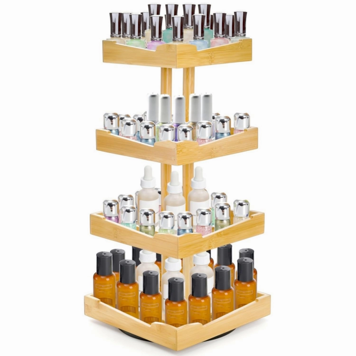 Nail Polish Organizer, 4 Tier Bamboo Stand Essential Oil Display Rack for 120-212 Bottles, 360° Rotating Large Capacity Cosmetics Storage Shelf Holder for Home Spa, Business Salon