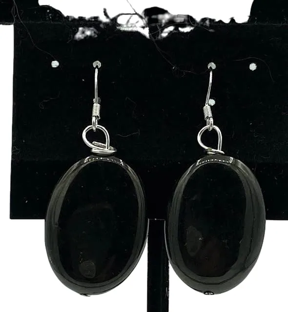 Natural Jette Gemstone Oval Beaded Sterling Silver Dangle Earrings