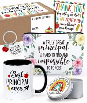 Nefelibata 5 Pcs Principal Appreciation Gifts for Women School Assistant Candle Makeup Bag Coffee Mug Keychain Thank You Card Gift Box for School Principal Work Graduation Retirement