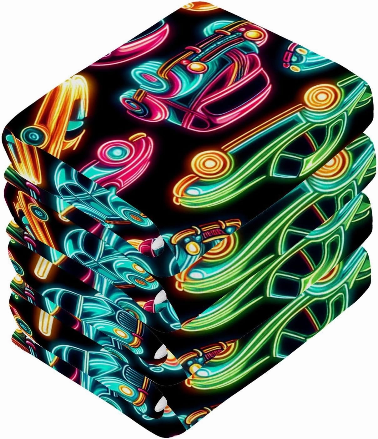 Neon Cars Washcloths Towels, Highly Absorbent and Soft Cotton Face Cloths, 6 Pack Quick Dry Wash Cloths - 12 X 12 Inches