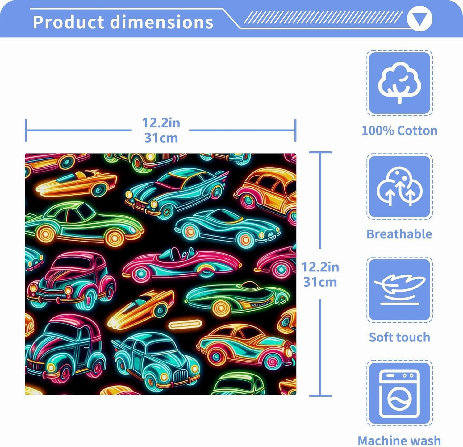 Neon Cars Washcloths Towels, Highly Absorbent and Soft Cotton Face Cloths, 6 Pack Quick Dry Wash Cloths - 12 X 12 Inches