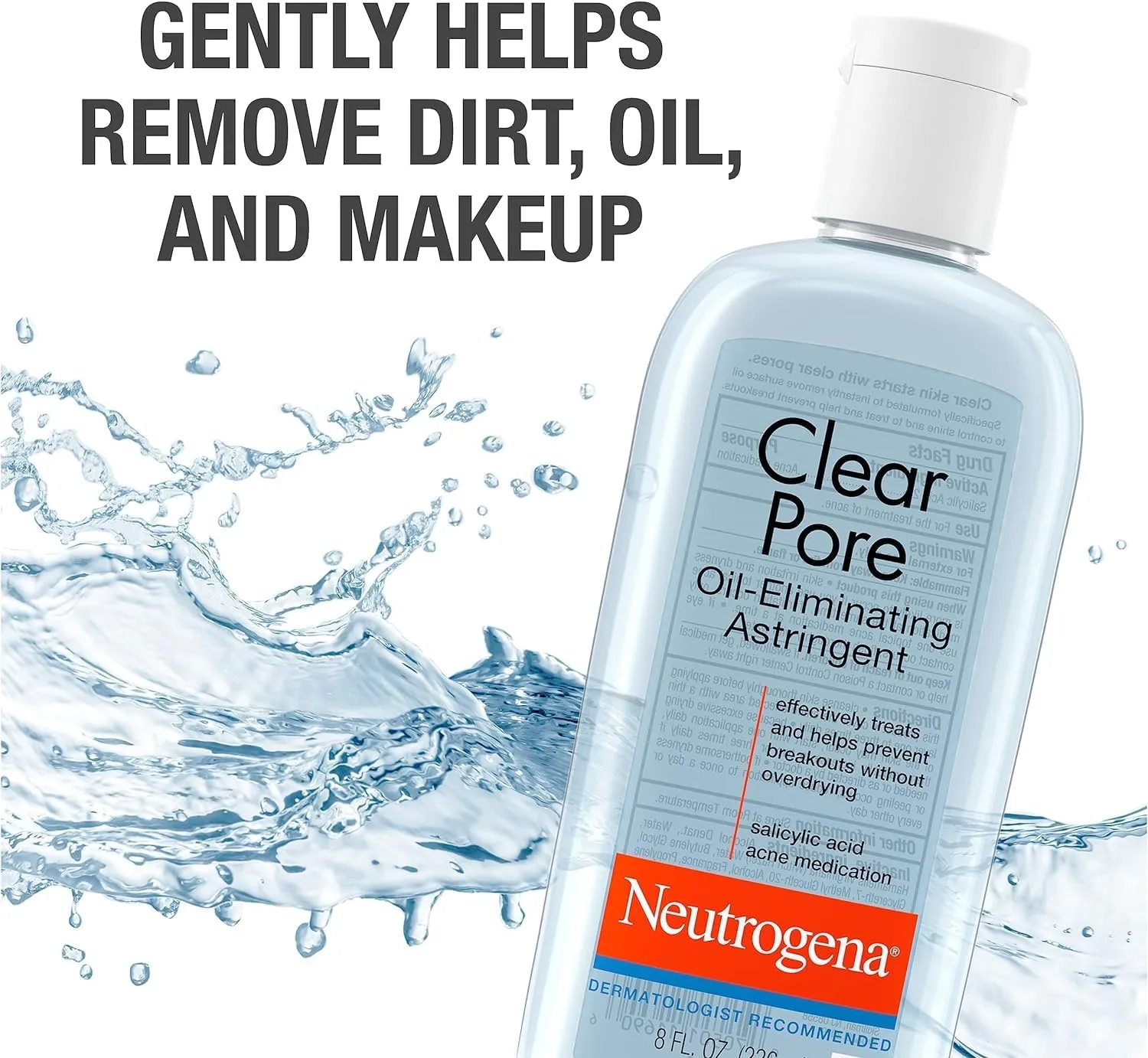 Neutrogena Clear Pore Oil-Eliminating Facial Astringent with 2% Salicylic Acid Acne Medication and Witch Hazel, Pore Clearing Treatment for Acne-Prone Skin, Helps Control Shine, 8 fl. oz, 6 Pack