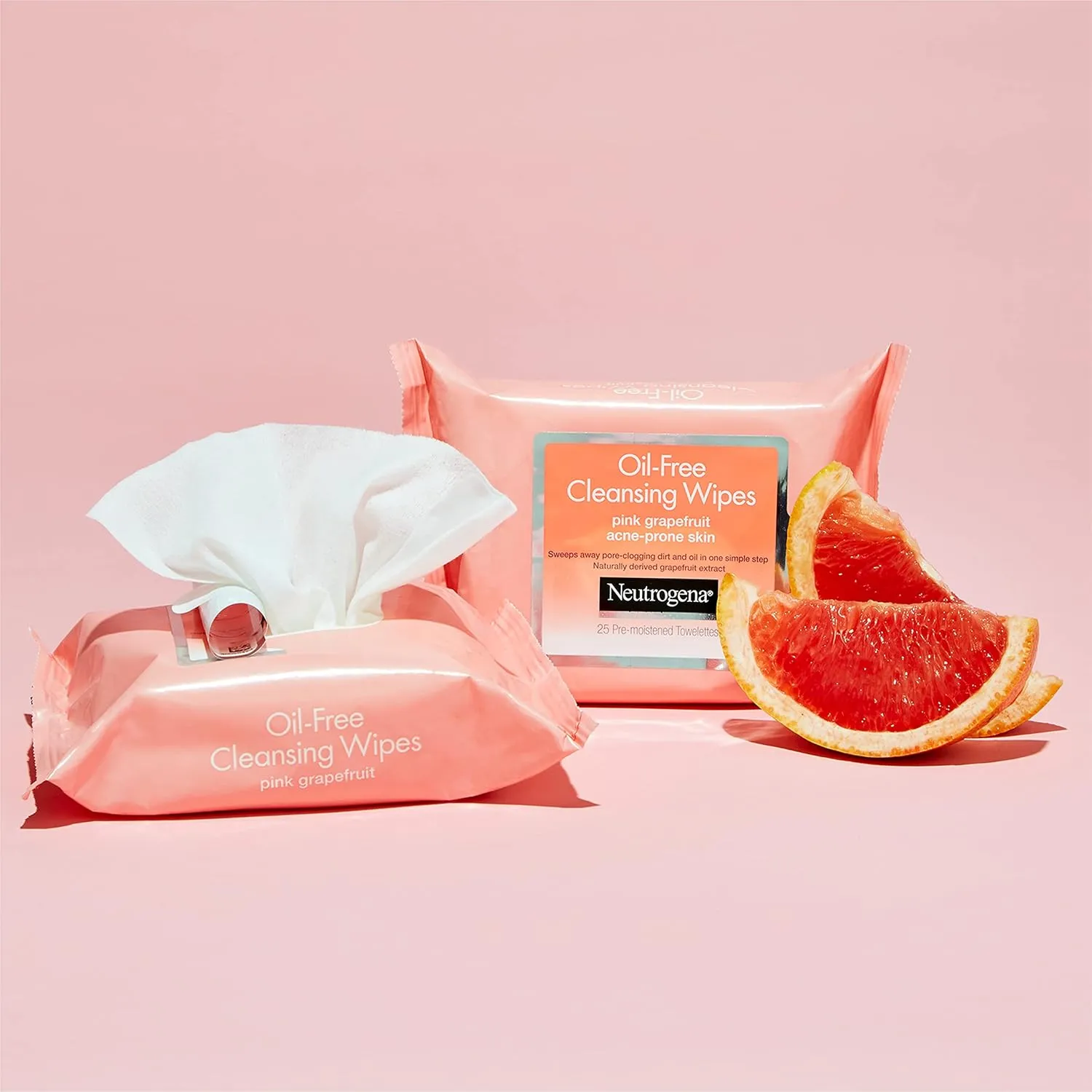 Neutrogena Oil Free Facial Cleansing Makeup Wipes with Pink Grapefruit, Disposable Acne Face Towelettes to Remove Dirt, Oil, and Makeup for Acne Prone Skin, 25 ct (Pack of 6)