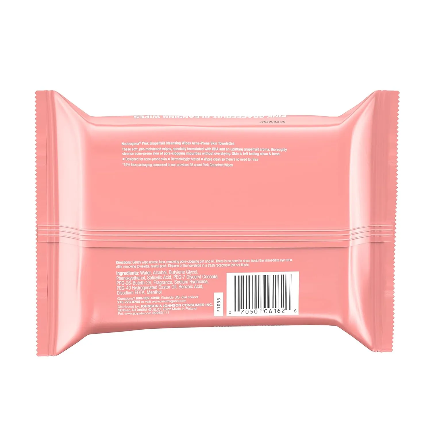 Neutrogena Oil Free Facial Cleansing Makeup Wipes with Pink Grapefruit, Disposable Acne Face Towelettes to Remove Dirt, Oil, and Makeup for Acne Prone Skin, 25 ct (Pack of 6)