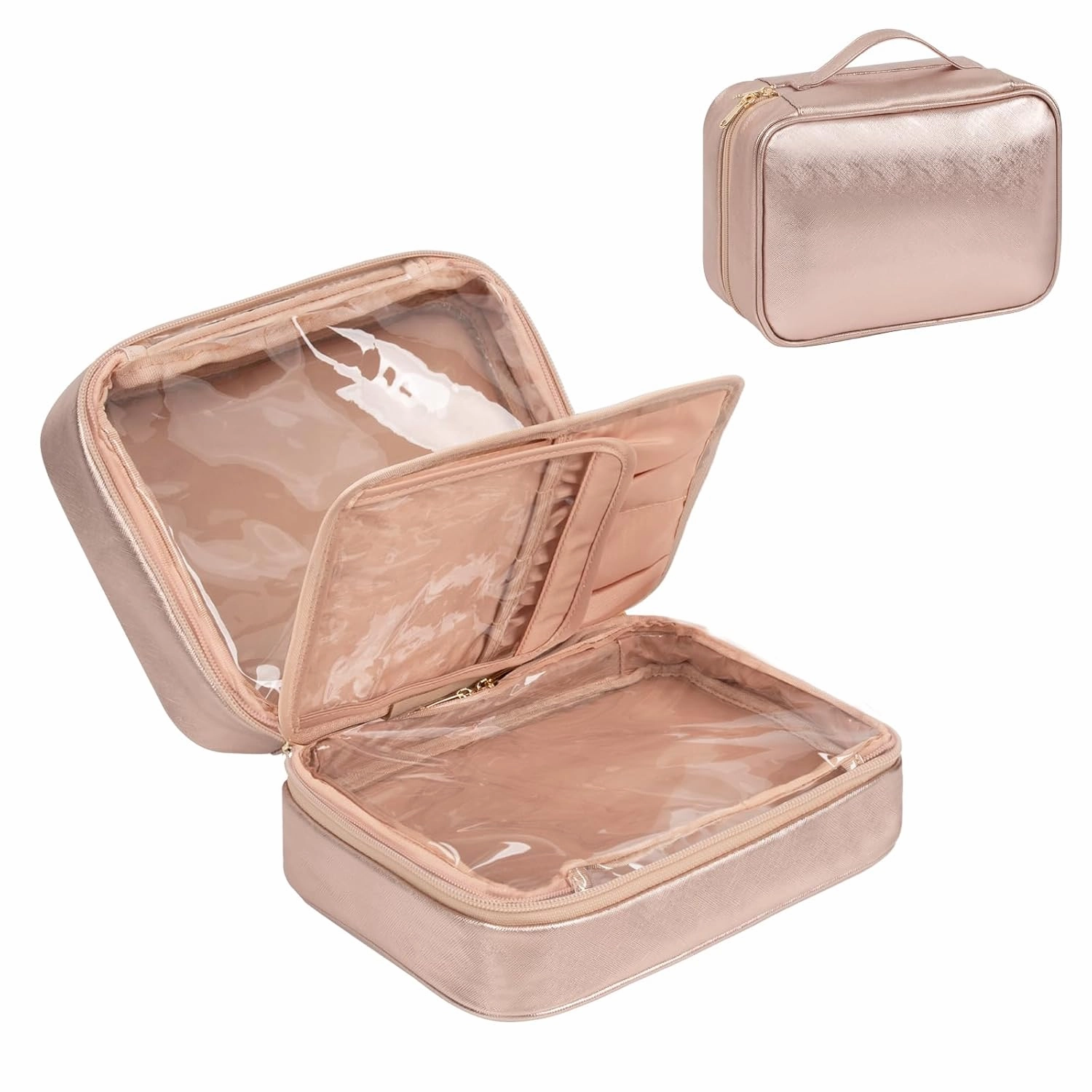 OCHEAL Makeup Bag, Makeup Travel Bag Large Capacity Waterproof Cosmetic Organizer with Makeup Brush Compartment & Handle for Women Girls Travel Toiletry Accessories-Rose Gold