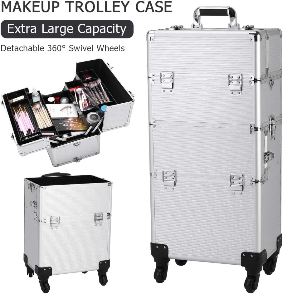 Ochine 3 in 1 Makeup Case Aluminum Cosmetic Case Rolling Train Case Professional Makeup Train Case Large Capacity Trolley Makeup Travel Case Beauty Storage with Folding Trays and Large Compartments