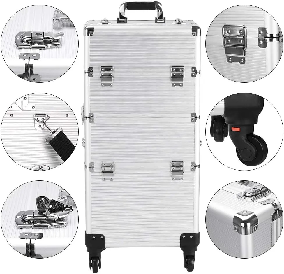 Ochine 3 in 1 Makeup Case Aluminum Cosmetic Case Rolling Train Case Professional Makeup Train Case Large Capacity Trolley Makeup Travel Case Beauty Storage with Folding Trays and Large Compartments