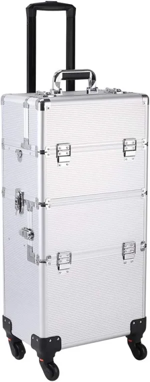 Ochine 3 in 1 Makeup Case Aluminum Cosmetic Case Rolling Train Case Professional Makeup Train Case Large Capacity Trolley Makeup Travel Case Beauty Storage with Folding Trays and Large Compartments