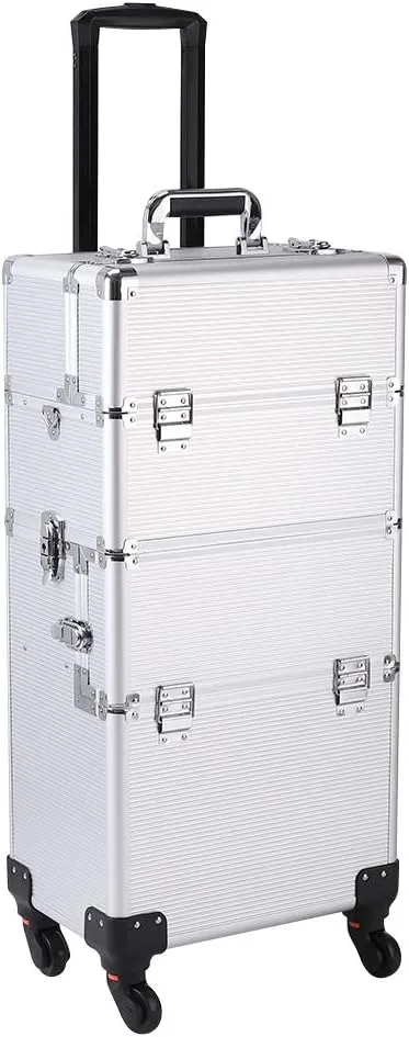 Ochine 3 in 1 Makeup Case Aluminum Cosmetic Case Rolling Train Case Professional Makeup Train Case Large Capacity Trolley Makeup Travel Case Beauty Storage with Folding Trays and Large Compartments