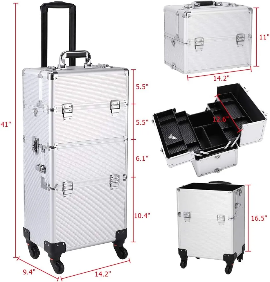 Ochine 3 in 1 Makeup Case Aluminum Cosmetic Case Rolling Train Case Professional Makeup Train Case Large Capacity Trolley Makeup Travel Case Beauty Storage with Folding Trays and Large Compartments