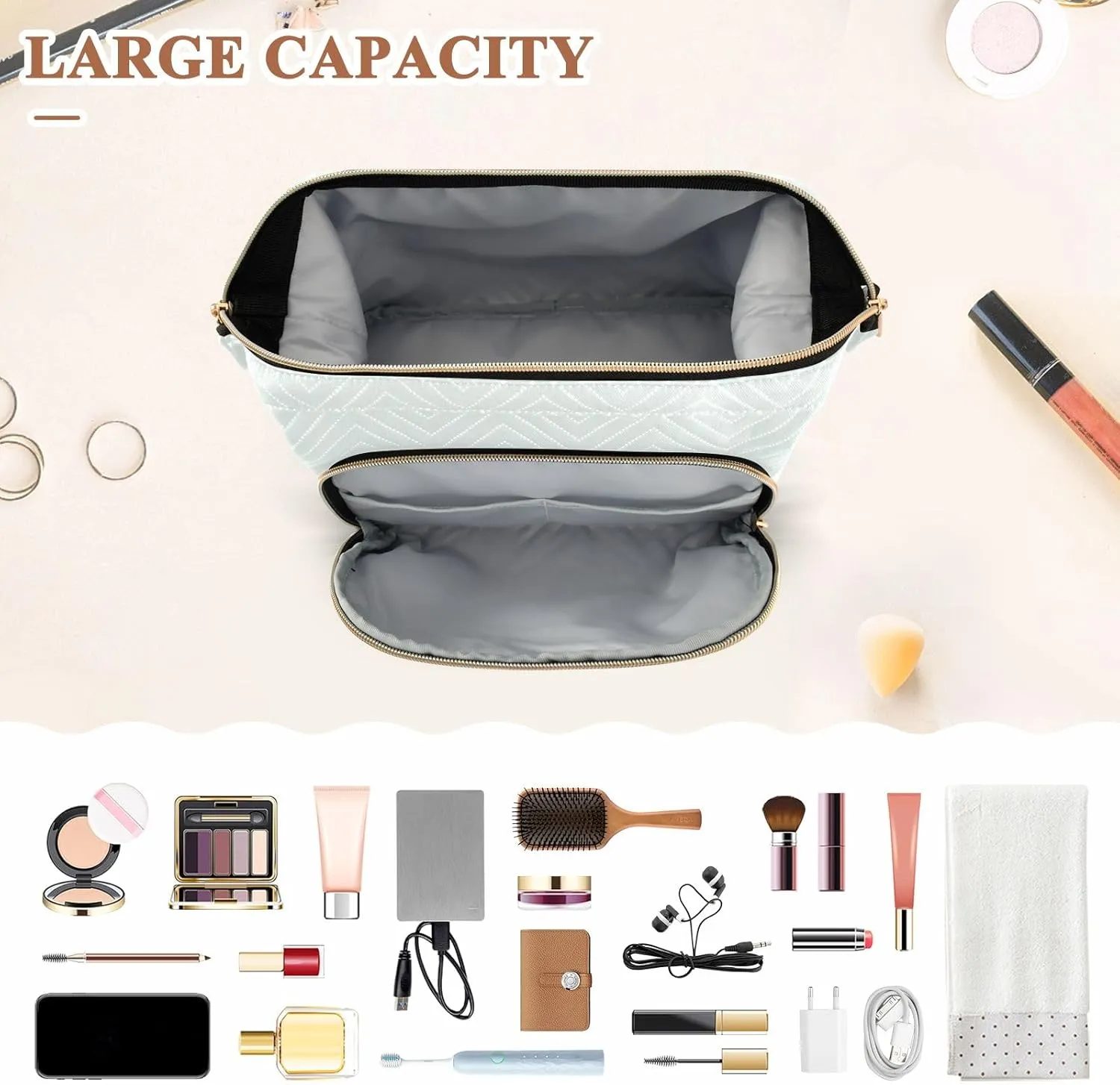 ODAWA Quilted Makeup Bag Set with 9-Piece Accessory Set, Mint Cream Traveling Makeup Bag Organizer Toiletry Bag for Cosmetics Toiletries Accessories