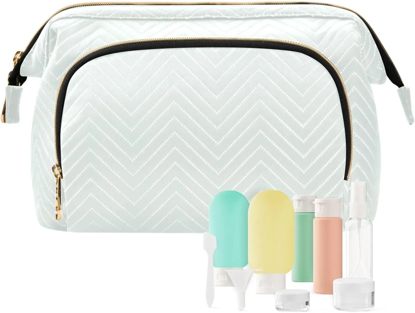 ODAWA Quilted Makeup Bag Set with 9-Piece Accessory Set, Mint Cream Traveling Makeup Bag Organizer Toiletry Bag for Cosmetics Toiletries Accessories