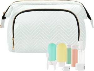 ODAWA Quilted Makeup Bag Set with 9-Piece Accessory Set, Mint Cream Traveling Makeup Bag Organizer Toiletry Bag for Cosmetics Toiletries Accessories