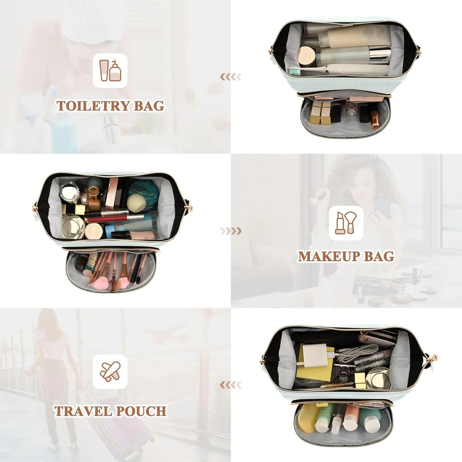 ODAWA Quilted Makeup Bag Set with 9-Piece Accessory Set, Mint Cream Traveling Makeup Bag Organizer Toiletry Bag for Cosmetics Toiletries Accessories