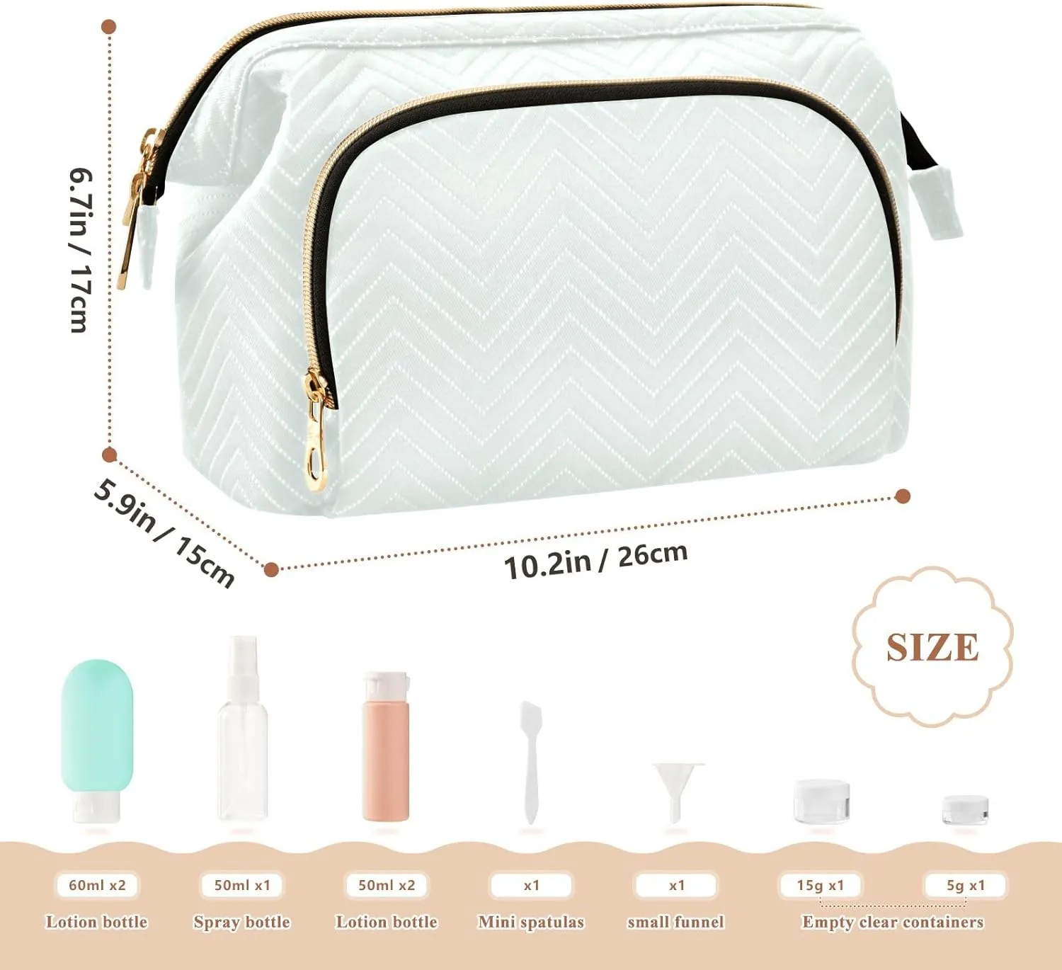ODAWA Quilted Makeup Bag Set with 9-Piece Accessory Set, Mint Cream Traveling Makeup Bag Organizer Toiletry Bag for Cosmetics Toiletries Accessories