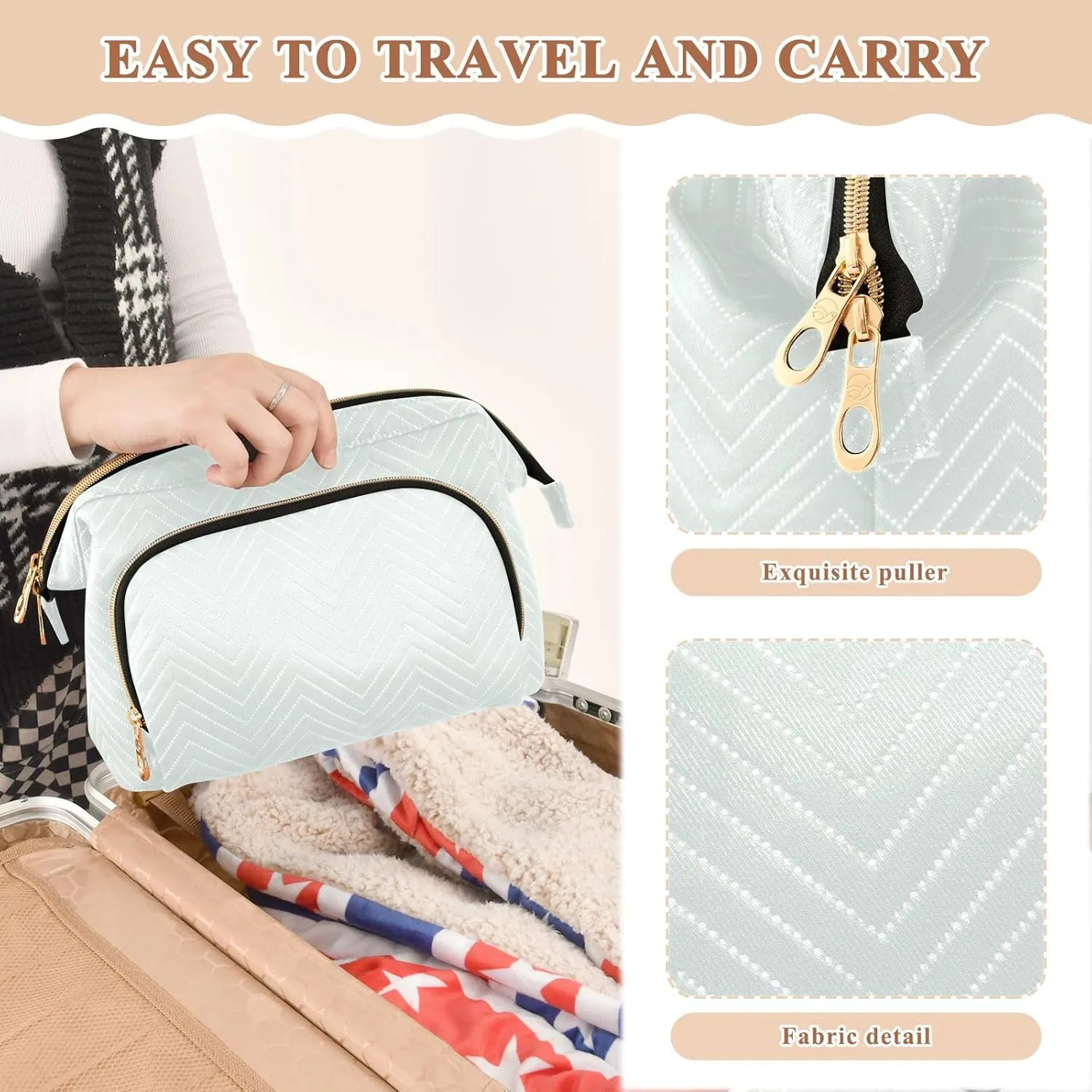 ODAWA Quilted Makeup Bag Set with 9-Piece Accessory Set, Mint Cream Traveling Makeup Bag Organizer Toiletry Bag for Cosmetics Toiletries Accessories